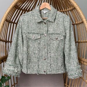 Chico’s Sage Green Tweed Frayed Edge Jacket US Parisan Green Cream Fall Layers